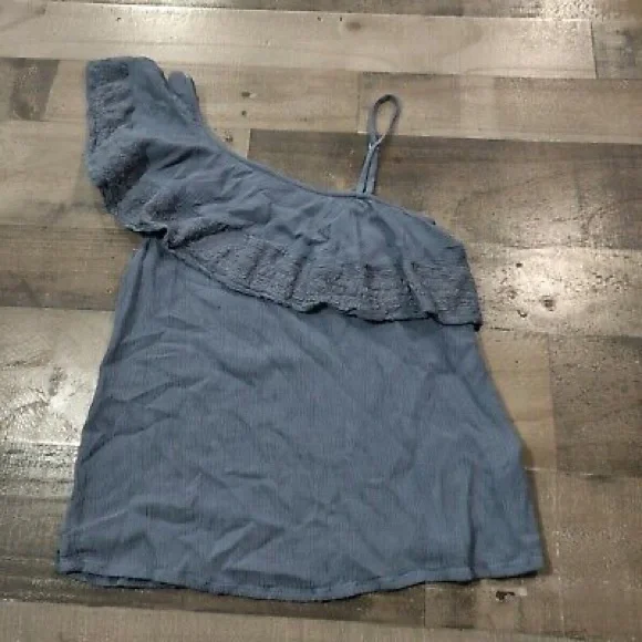Embroidered One-Shoulder Ruffle Top Blue - Picture 2 of 2